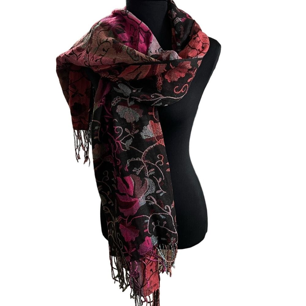 Dark Floral Pink and Blue Ombre Print Fringed Scarf